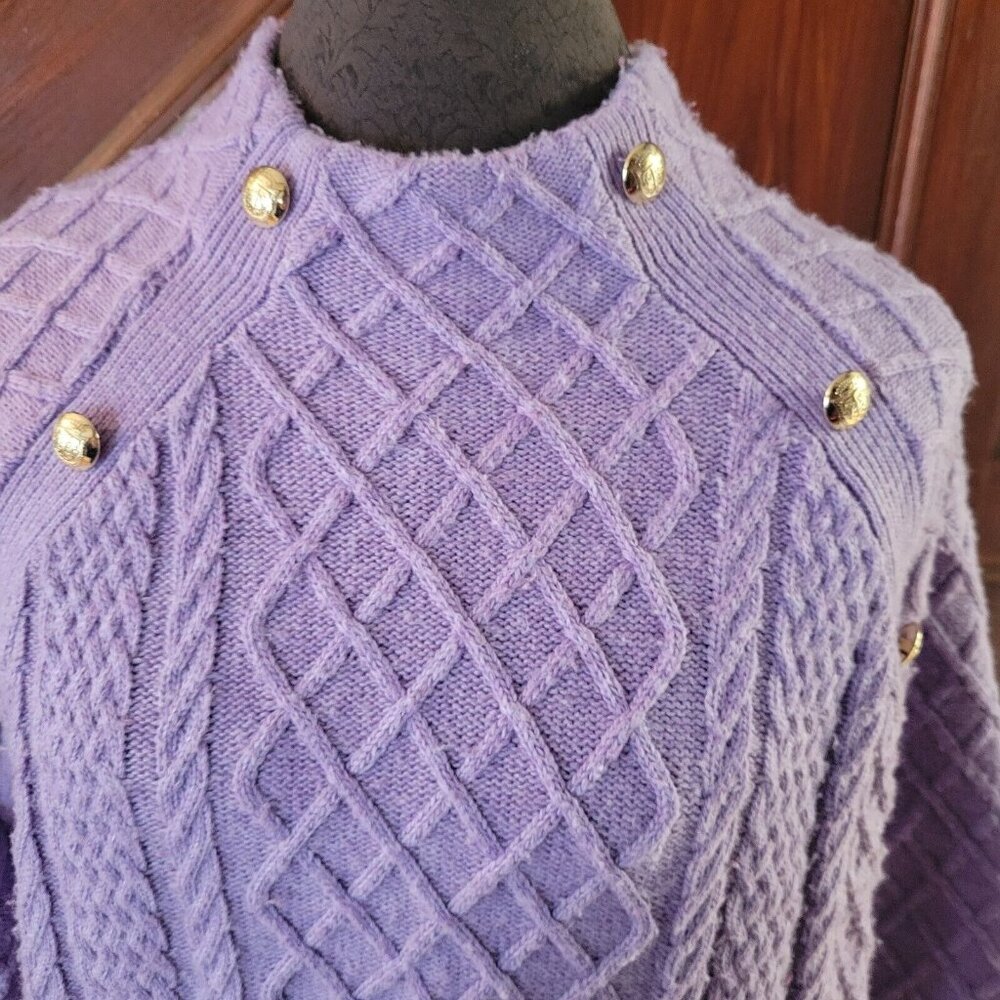 Talbots Purple Mock Neck Cable Knit Sweater Gold Button Detail Large - Picture 2 of 5